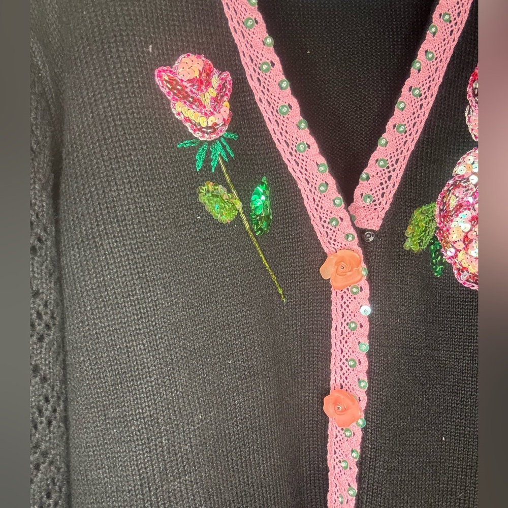 VTG Storybook Knits Sequin Rose Sweater - Picture 3 of 6